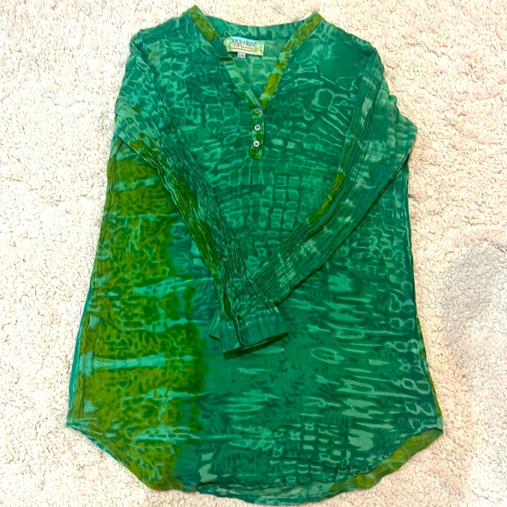 Rouched, semi-transparent long sleeve top. Likely purchased mid-late 2000s